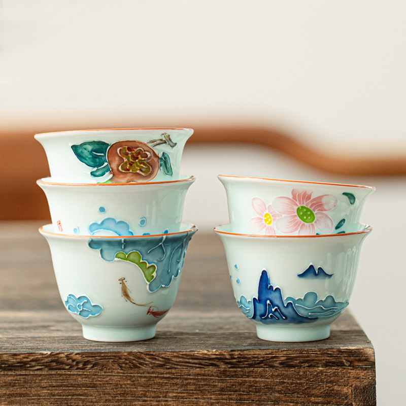 Celadon Ceramic Cup - Handgeschilderde Kung Fu Theekop, Huishoudelijke Single